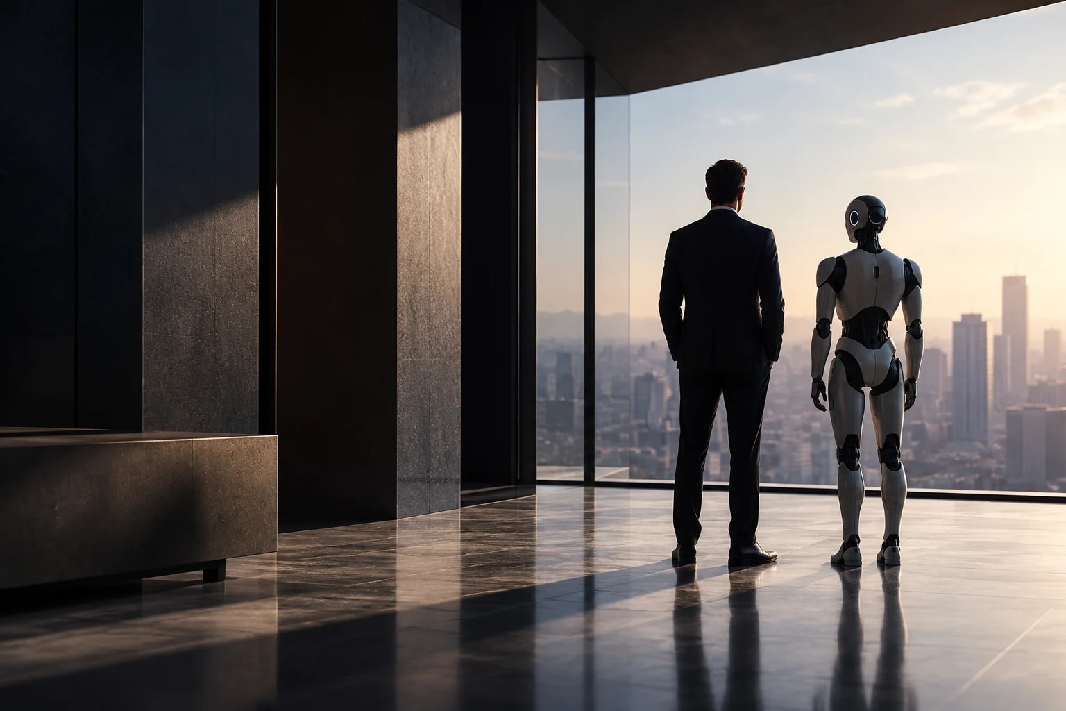 An executive and a humanoid robot stand side by side at the window of a high-floor office, two distinct actors looking out over the same city at dawn.