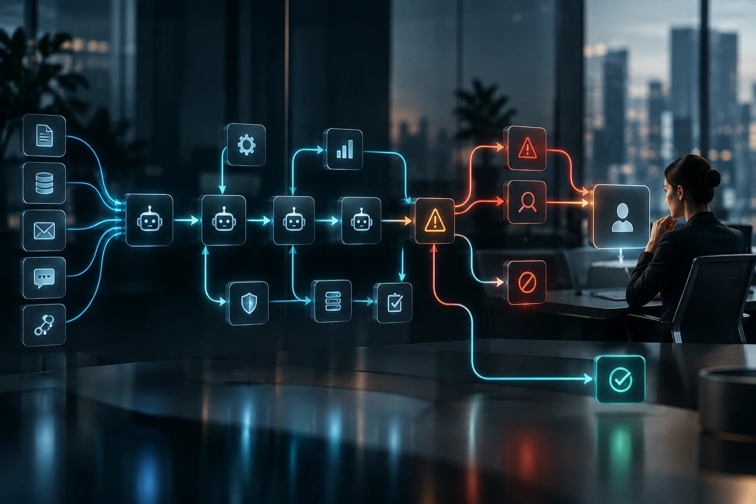 An executive watches an AI agent workflow on screen, with automated steps traced in blue and the deviations that require human attention highlighted in red.