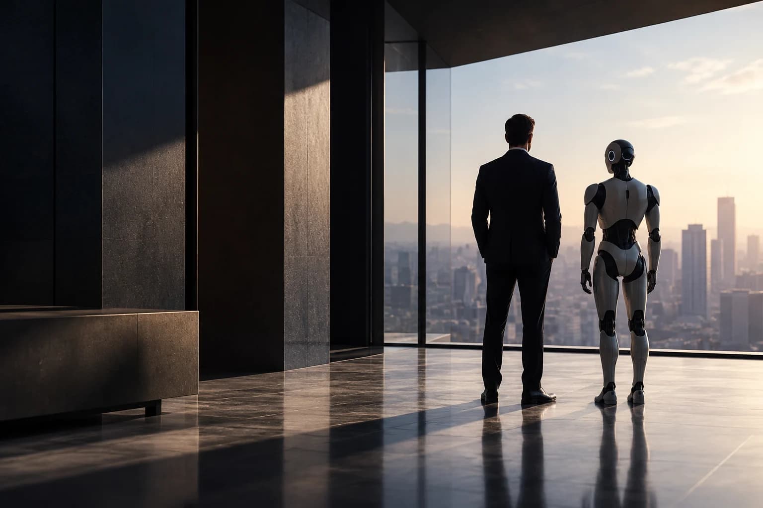 Executivo e um robô humanoide lado a lado diante da janela de um escritório em andar alto, dois atores distintos olhando a mesma cidade ao amanhecer.